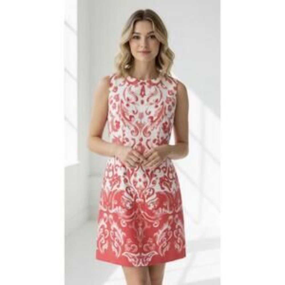 Ralph Lauren Coral Pink & White Scroll Sleeveless Shift Dress Size 14